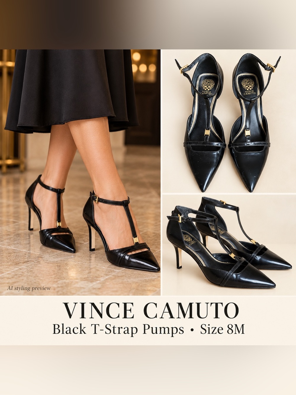 Vince Camuto Black T-Strap Pointed Toe Heels Size 8